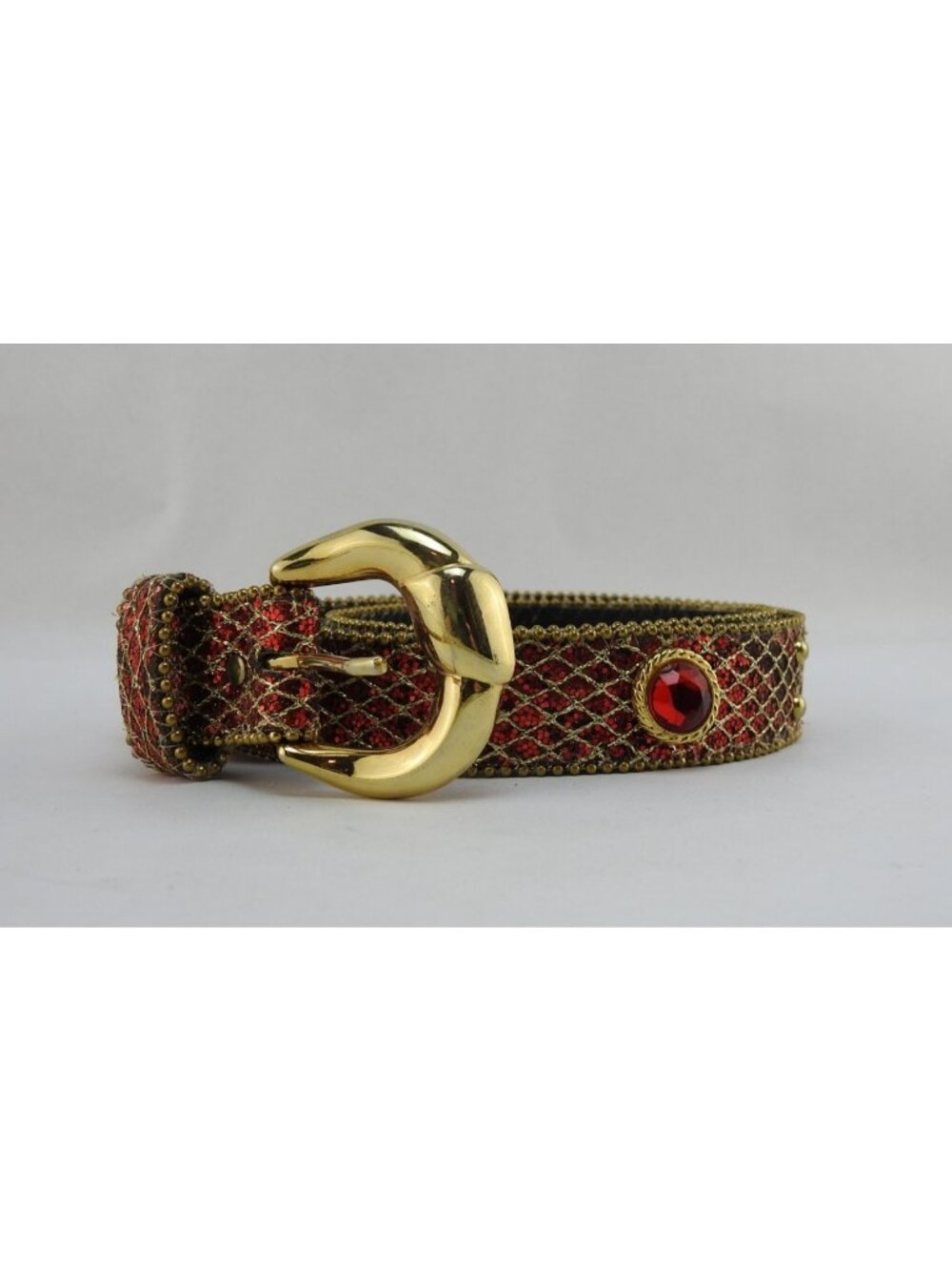Vintage Elite Fresno California Red Glitter Rhinestone Gold Tone Belt Sz M 90s